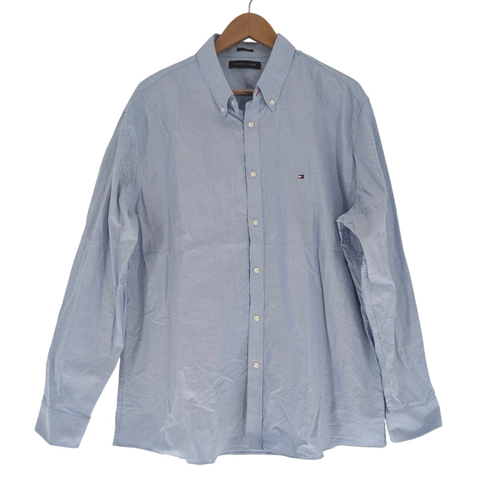 Tommy Hilfiger Button Down Shirt Mens 18 34/35 Blue Excellent Slim Fit Oxford